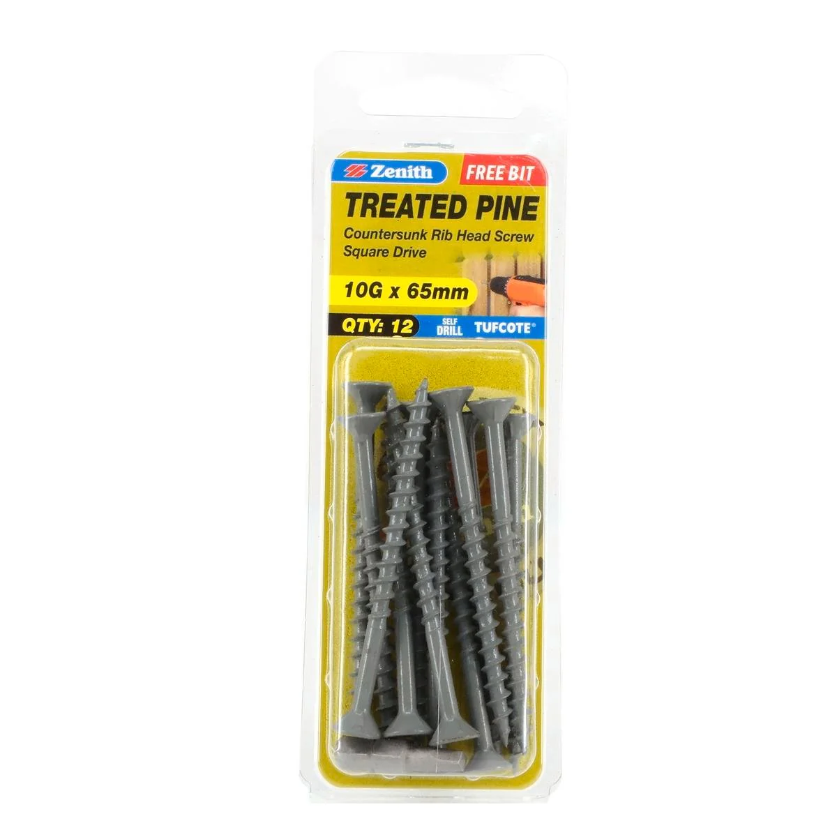 Zenith Treated Pine Screws - 10g x 65mm - Carbon Steel - Tufcote