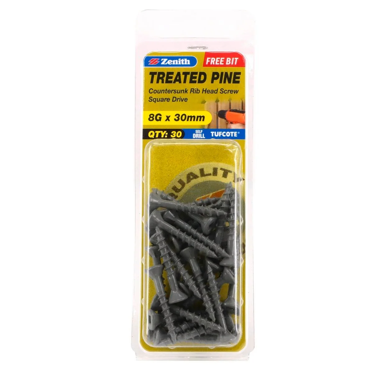 Zenith Treated Pine Screws - 8g x 30mm - Carbon Steel - 30 Pack
