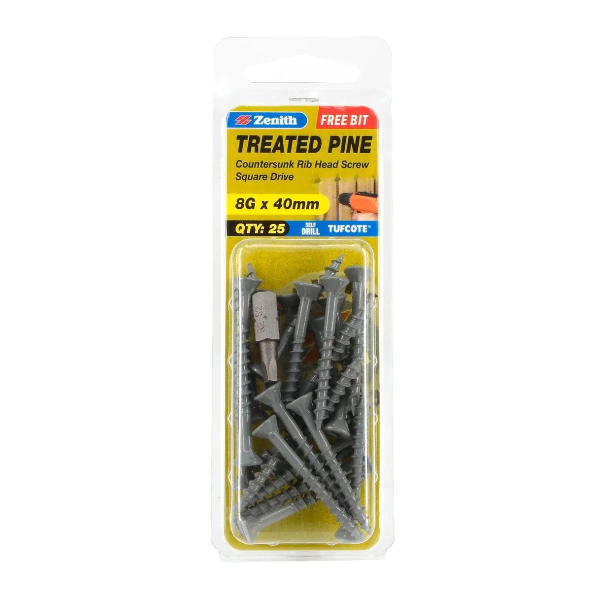 Zenith Treated Pine Screws - 8g x 40mm - Carbon Steel - Tufcote - 25 Pack