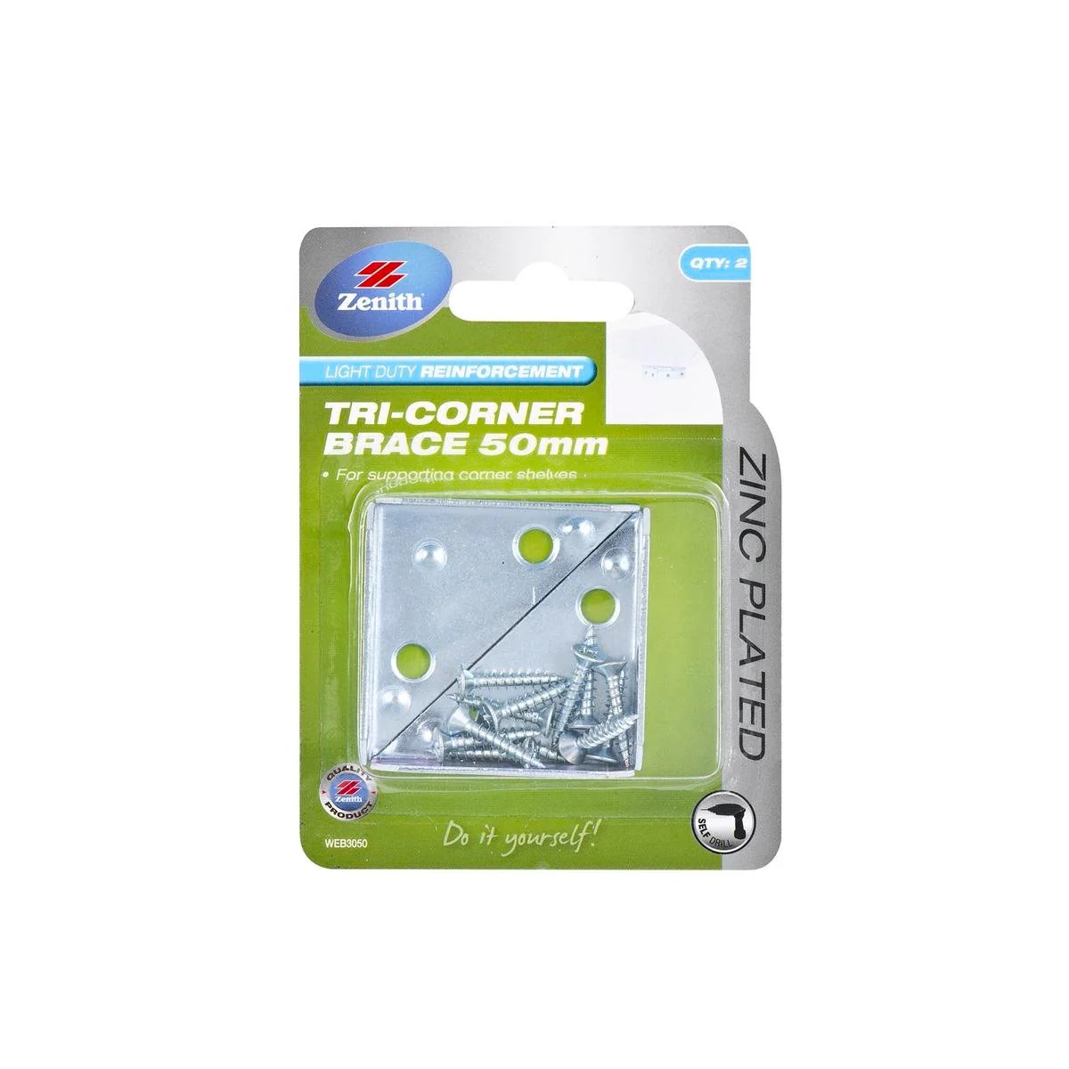 Zenith Tri Corner Brace - 50mm x 15mm - Steel - Zinc Plated - 2 Pack