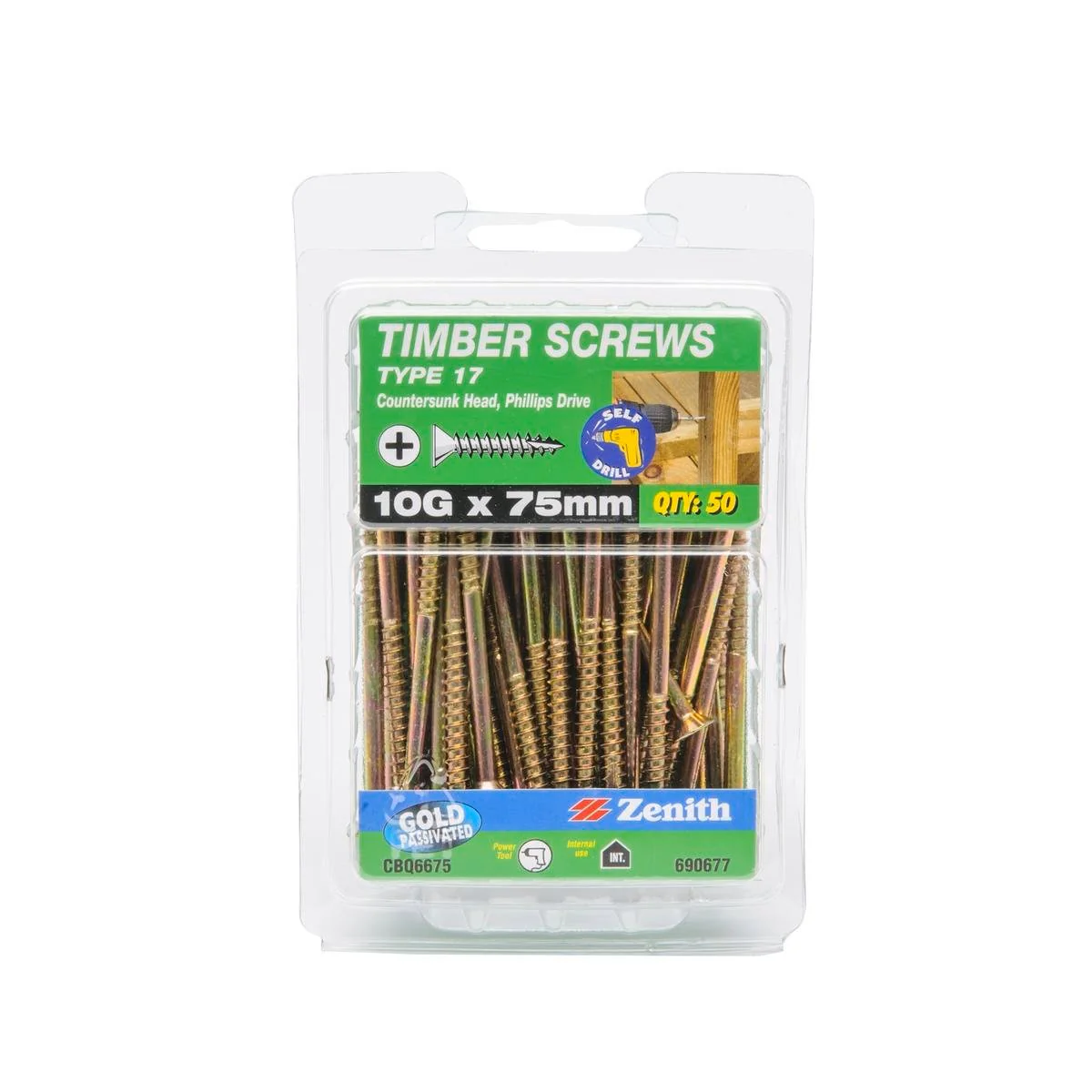 Zenith Type 17 Timber Screws - 10g x 75mm - Gold Passivated - 50 Pack
