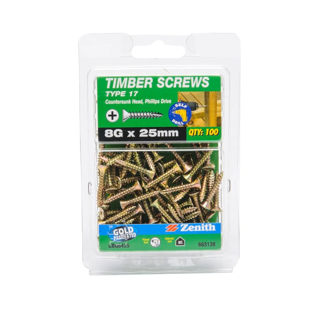 Zenith Type 17 Timber Screws 8g x 25mm Gold Passivated 100 Pack